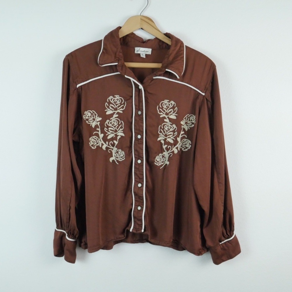 Sendero Provisions Dakota Pearl Snap Shirt Brown Western Floral Embroidered XL - Picture 2 of 10